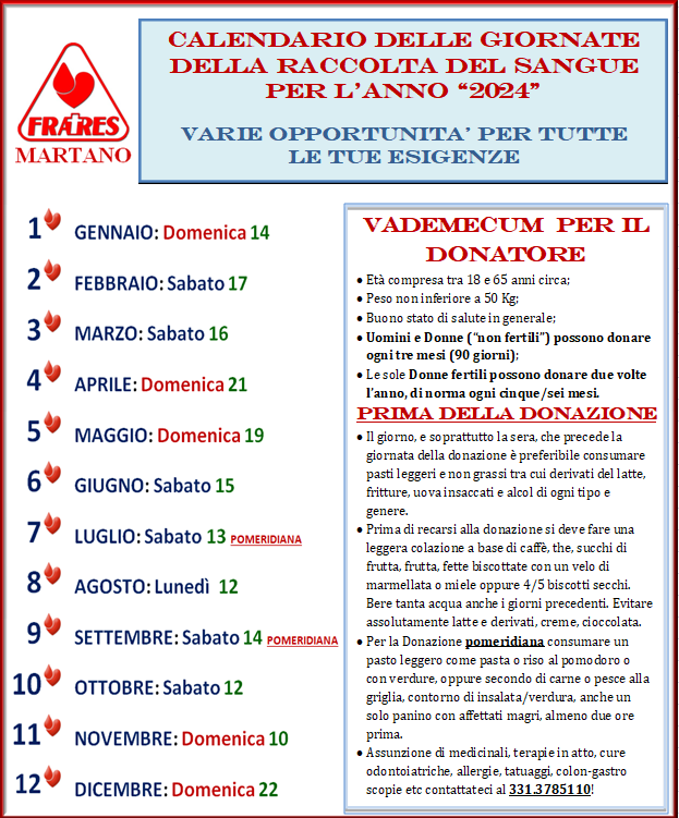 Calendario giornate di raccolta del Sangue per il 2024.